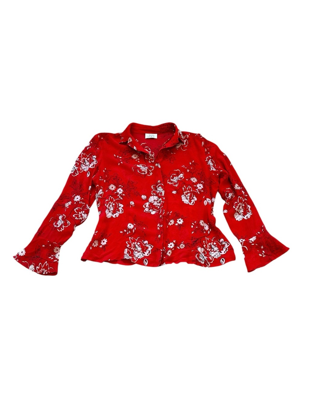 Vintage Ann Taylor Red Floral Silk Blouse Flare Sleeves Red Office Siren